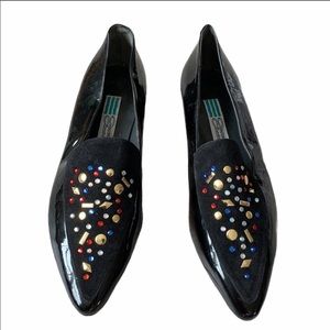 Vintage Black Patent Leather Jewelled Flats Size 7